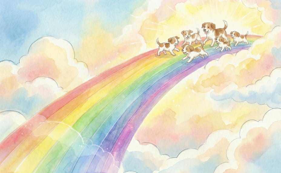 虹の橋。橋の先には似たようなワンちゃんが複数