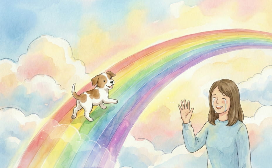 橋の上を渡るワンちゃん。笑顔（涙を流している）の飼い主