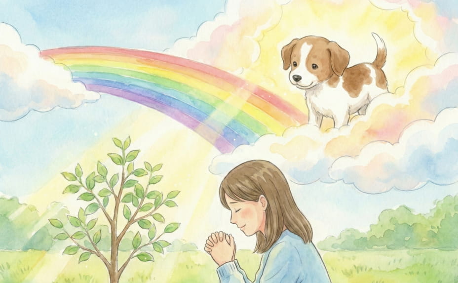 樹木葬や永代の場所で手を合わせる飼い主。天国からワンちゃんが見ている。