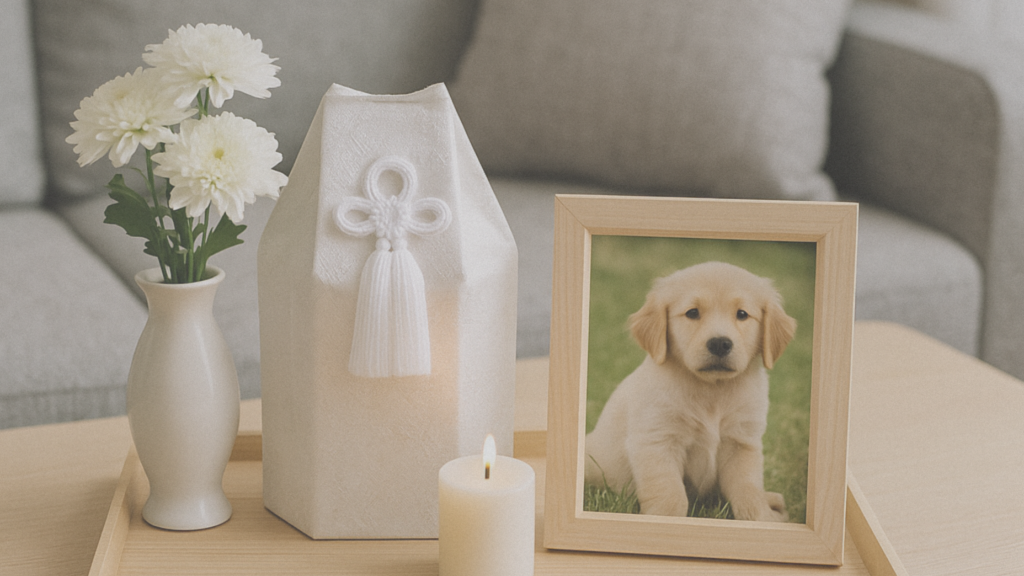 寝室やリビングに小さな祭壇を設けてペットの遺骨を供養しているイメージ写真