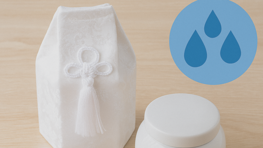 ペットの遺骨を守るために骨壺と乾燥剤を並べた除湿対策のイメージ写真