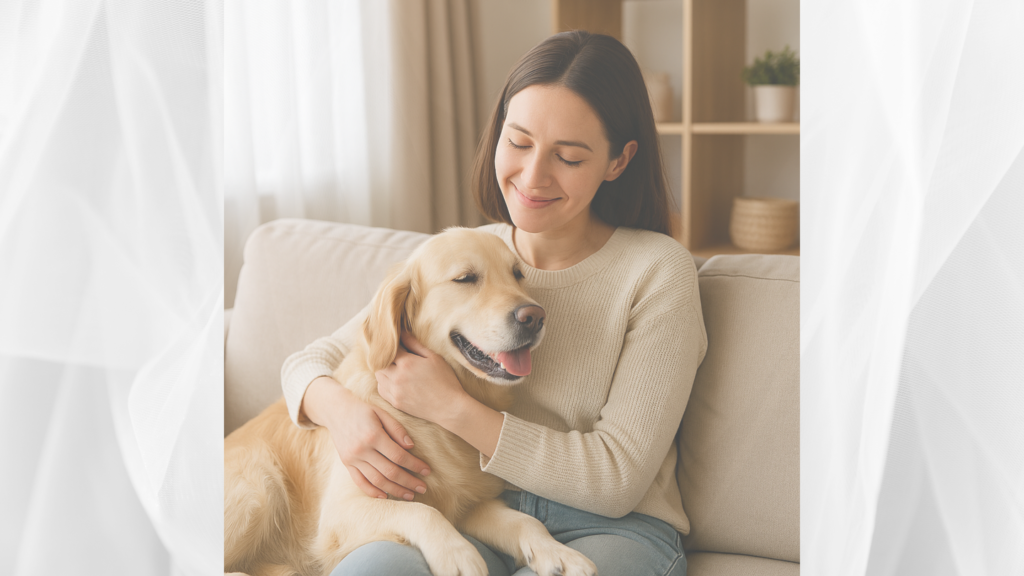 犬が飼い主に寄り添いリビングでくつろぐ姿。動物を物ではなく家族として扱う社会をテーマにした記事用の写真。